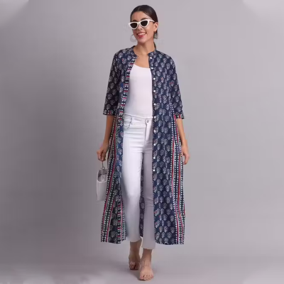 Womens Blue Printed Cotton Casual wear Jacket