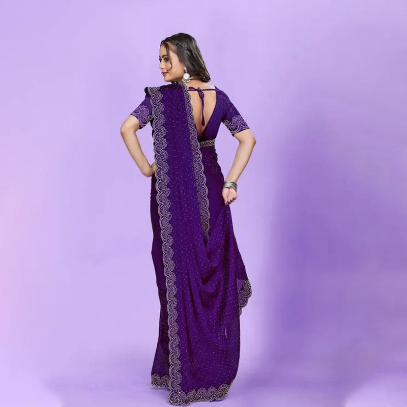 Designer diamond worked Georgette fabric saree for party and all occasions