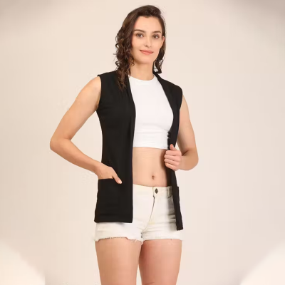 Solid Shrug Black Capes, Shrugs & Ponchos Cut Sleeve For Women