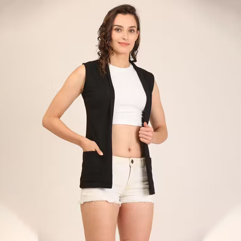 Solid Shrug Black Capes, Shrugs & Ponchos Cut Sleeve For Women