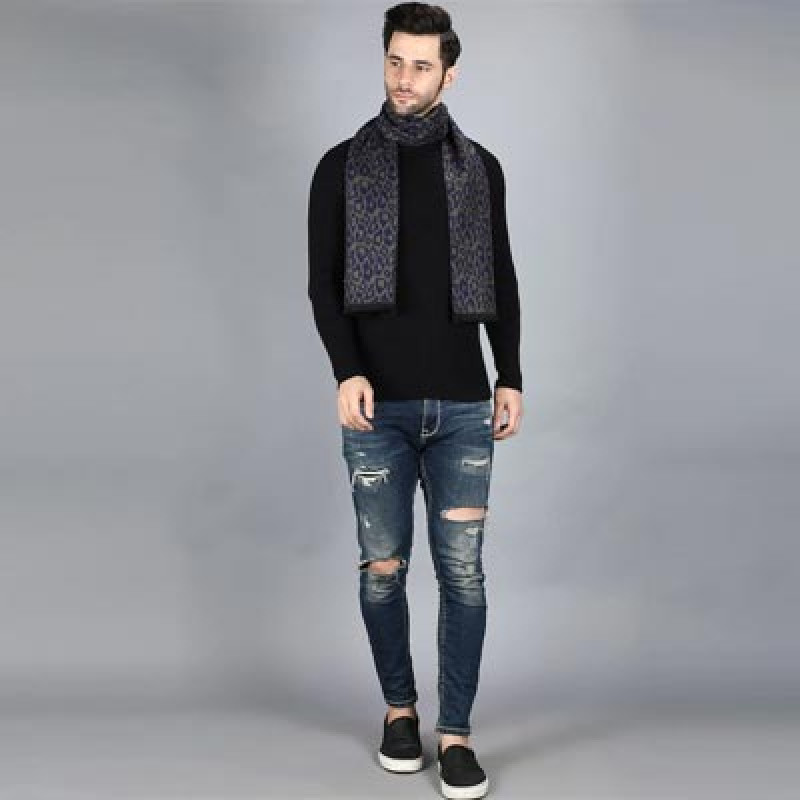 Men Navy Blue & Grey Animal Printed Merino Wool Muffler