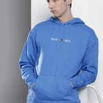 Men Blue Brand Logo Embroidered Hooded Pullover Sweatshirt