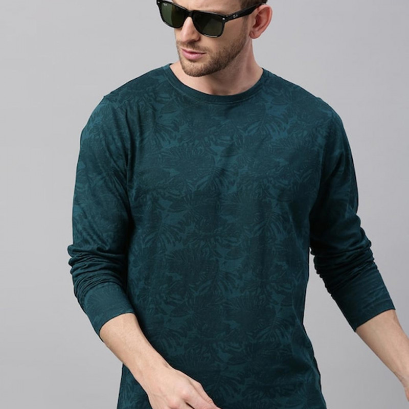 Men Teal Green Slim Fit Tropical Printed Pure Cotton T-shirt