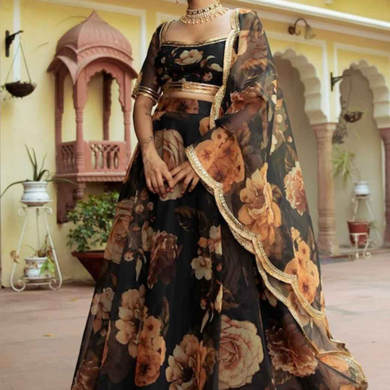 Green & Brown Printed Ready to Wear Lehenga & Blouse With Dupatta