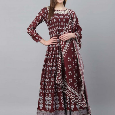 Women Coffee Brown & Off-White Floral Block Printed Anarkali Kurta with Dupatta