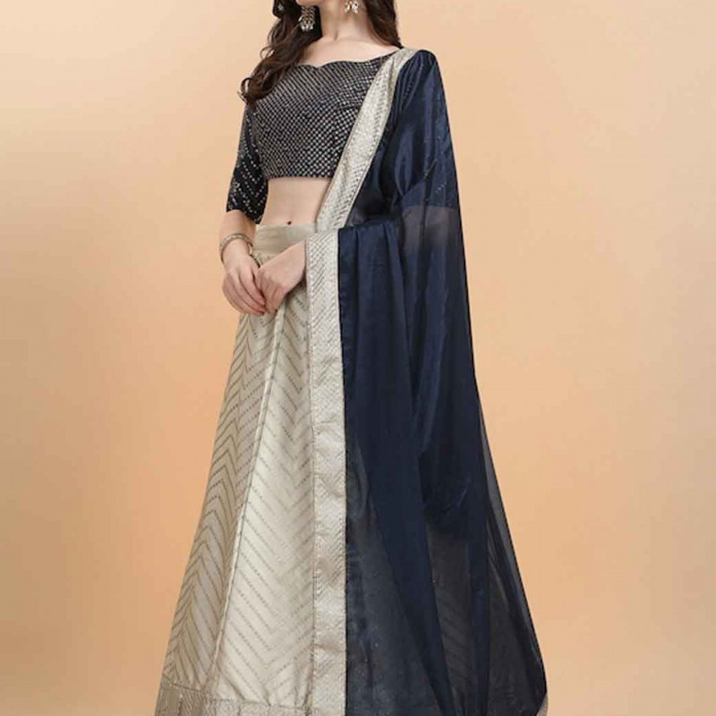 Cream-Coloured & Navy Blue Embellished Sequinned Semi-Stitched Lehenga & Unstitched Blouse With