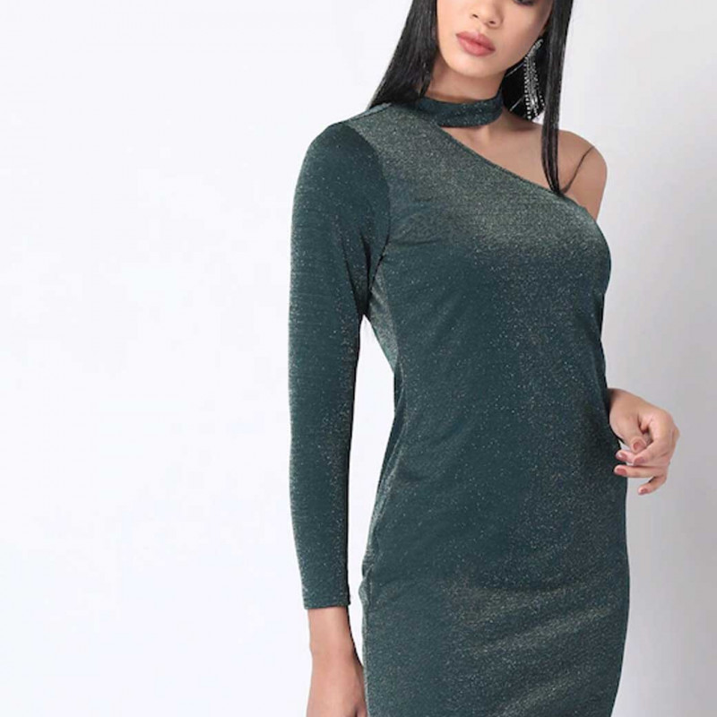 Women Green One Shoulder Bodycon Mini Dress