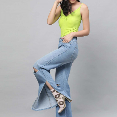 "Women Blue Flared Mid-Rise Slash Knee Stretchable Jeans "