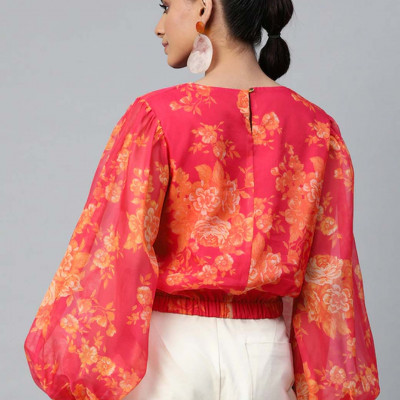 Pink & Orange Floral Printed Puff Sleeves Blouson Top