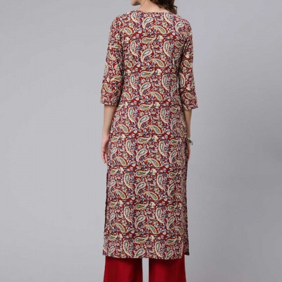 Women Maroon And Blue Paisley Printed Cotton Kurta