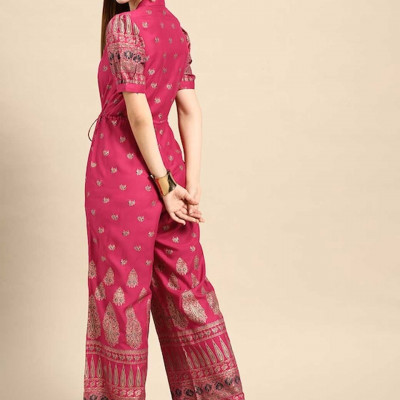 Women Magenta & Golden Ethnic Motifs Printed Basic Jumpsuit